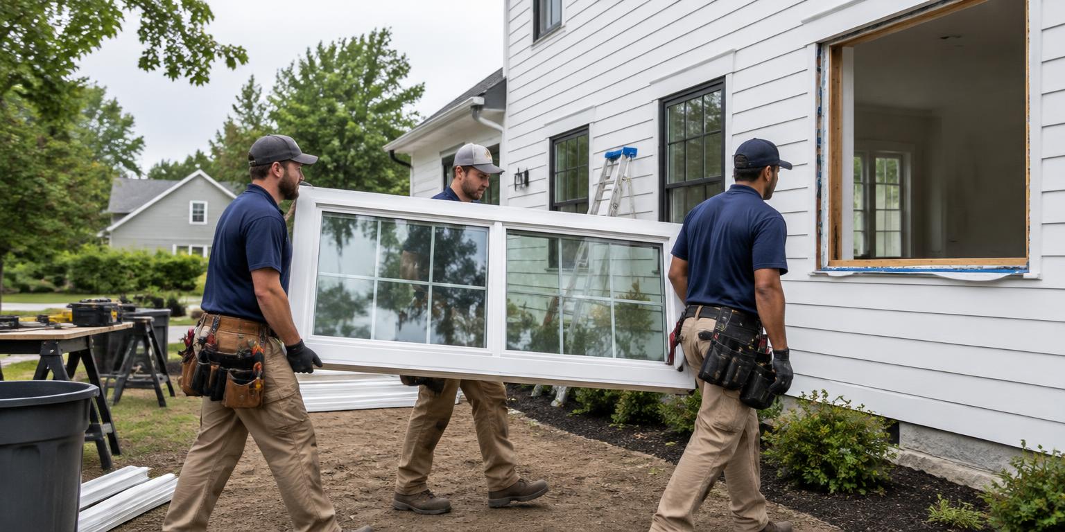 Window installation crew carrying a replacement window at a residential job site